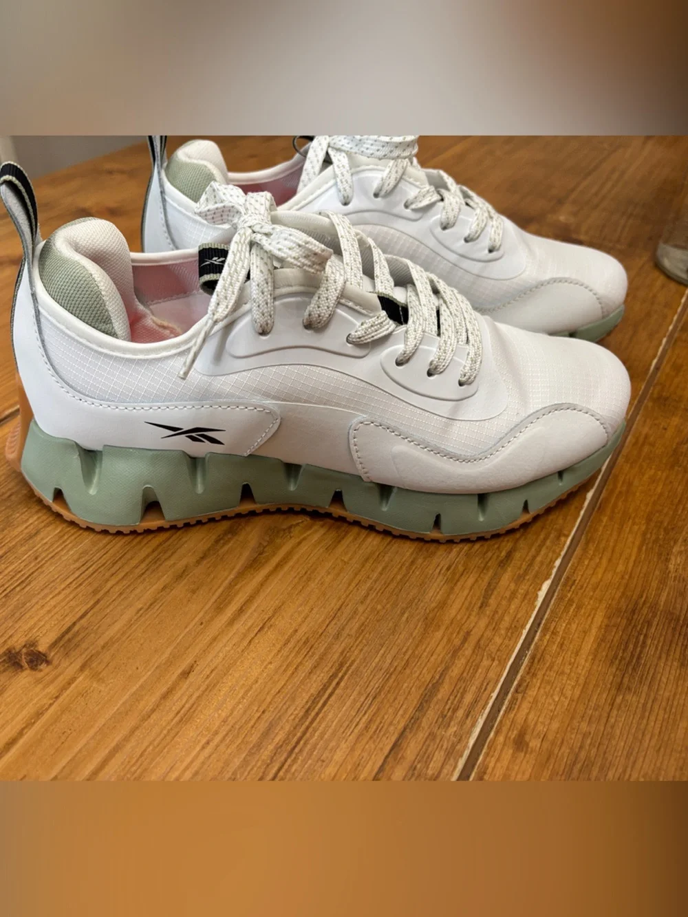 Women’s Reebok White Sneakers with Mint Green Zig Sole